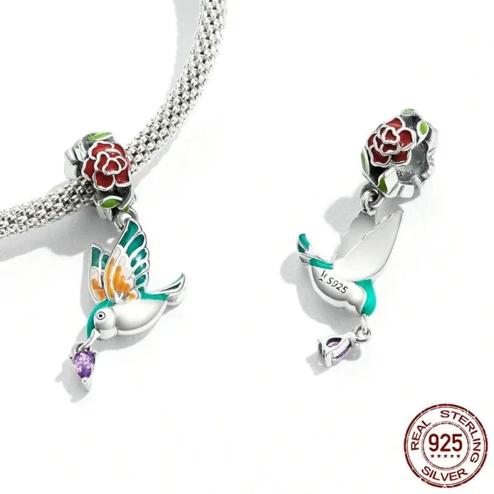Springtime Charm - Sterling Silver Flower & Bird Pendant For Bracelets
