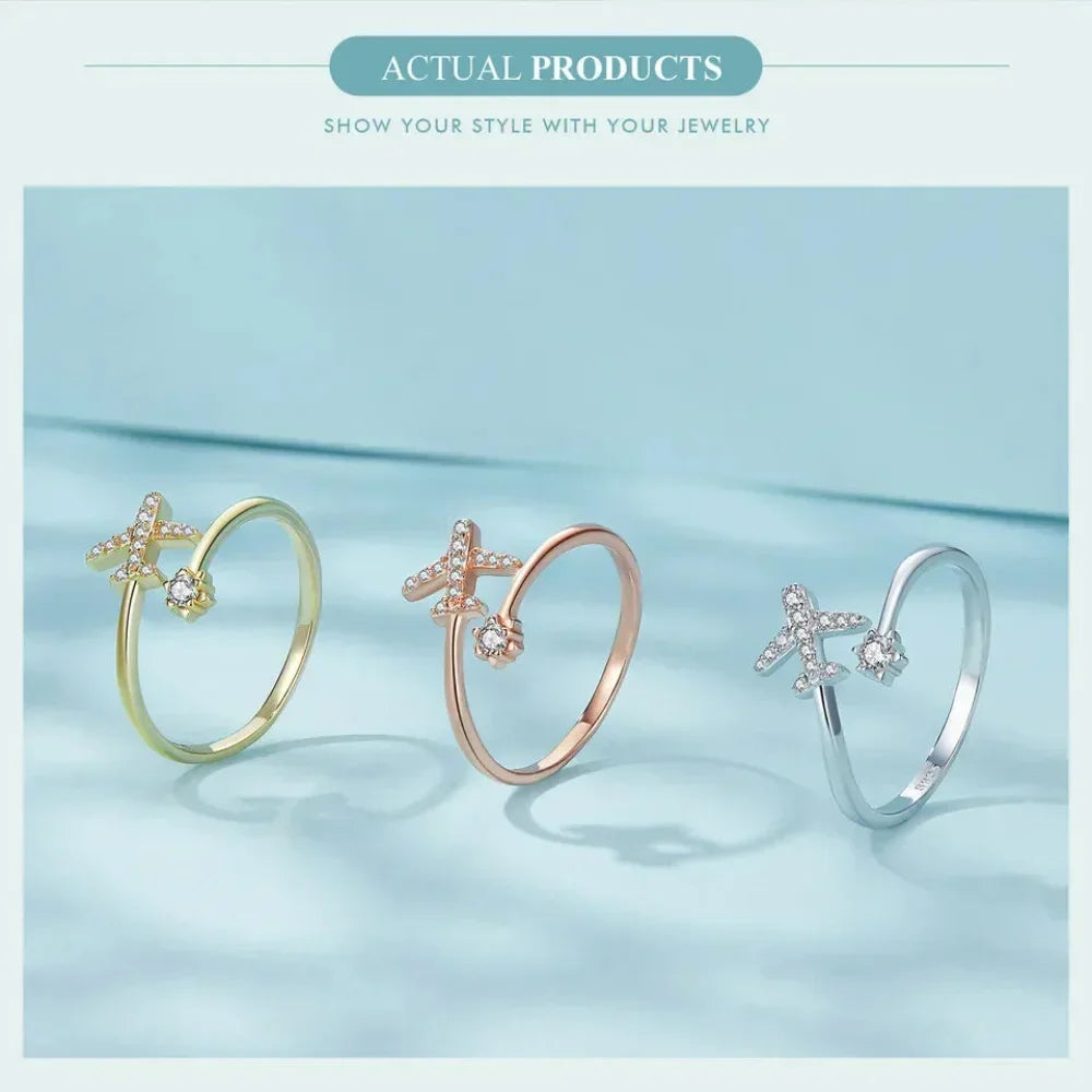 Genuine 925 Sterling Silver Flying Plane Open Adjustable Ring With Clear Cz - Fine Jewelry