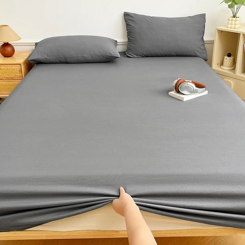 Washed Cotton Solid Color Fitted Sheet with Elastic Bands Non Slip Adjustable Mattress Cover Printed for Double King Queen