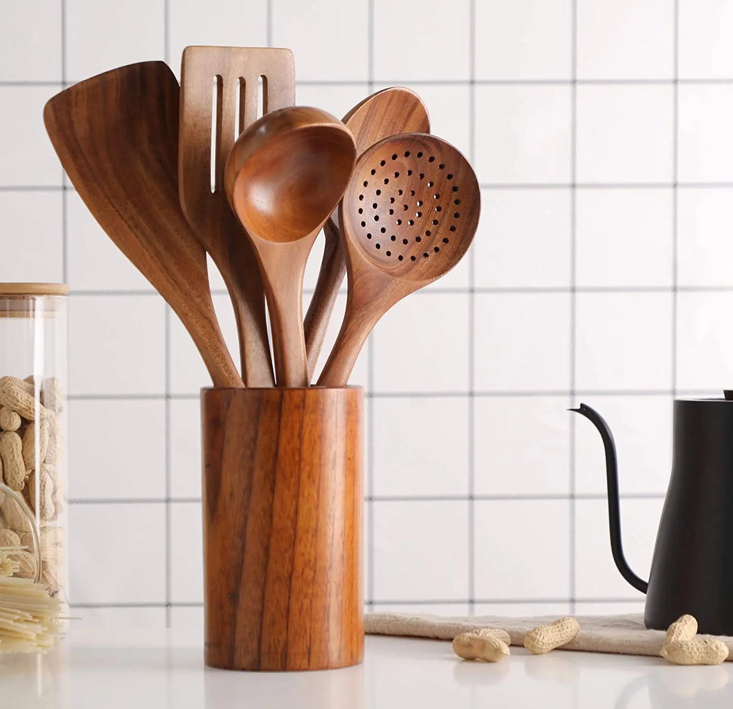 YWDL Natural Teak Cooking Spoon Scoop Kitchen Wooden Spatula Non-stick Utensils Set For Cooking With Hanging Hooks Cookware Tool