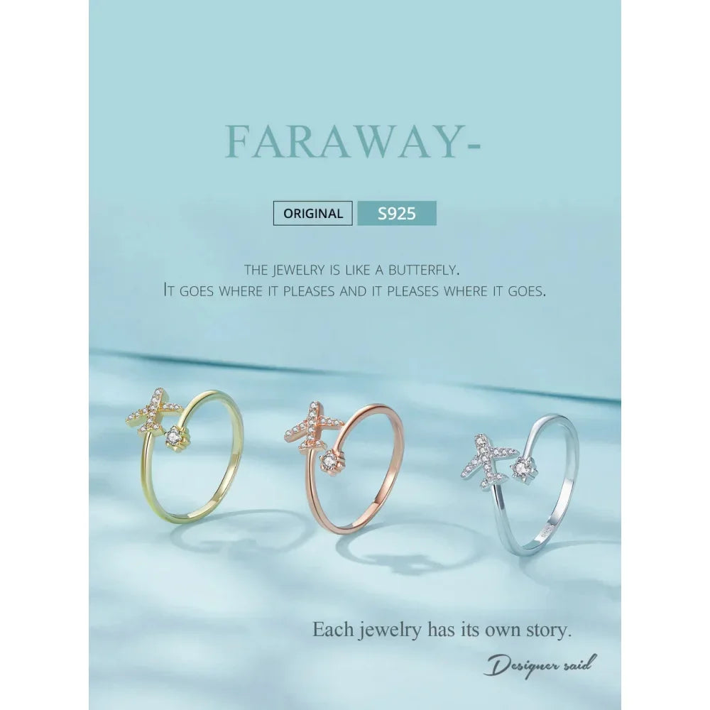 Genuine 925 Sterling Silver Flying Plane Open Adjustable Ring With Clear Cz - Fine Jewelry