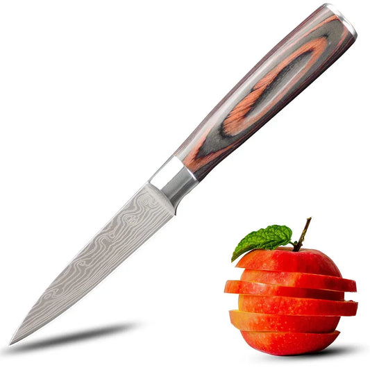 3.5 Inch Kitchen Chef Knife Fruit Knife Stainless Steel Laser Damascus Pattern Colored Wooden Handle Kitchen Knife Kitchen Tools
