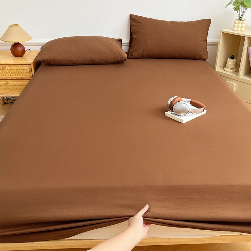 Washed Cotton Solid Color Fitted Sheet with Elastic Bands Non Slip Adjustable Mattress Cover Printed for Double King Queen