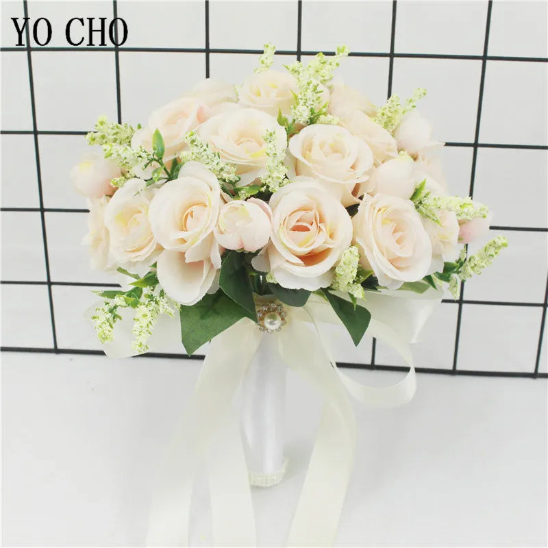 Bridal Bridesmaid Wedding Bouquet White Pink Champagne Artificial Rose Bride Holding Flowers Mariage Decor Wedding Accessories