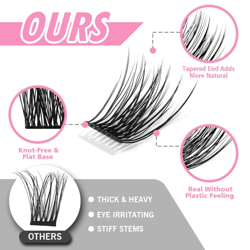 ETVITE DIY Clusters Eyelash Extension Dovetail Segmented Lashes 48 Volume Natural Segmented Eyelashes Bundles