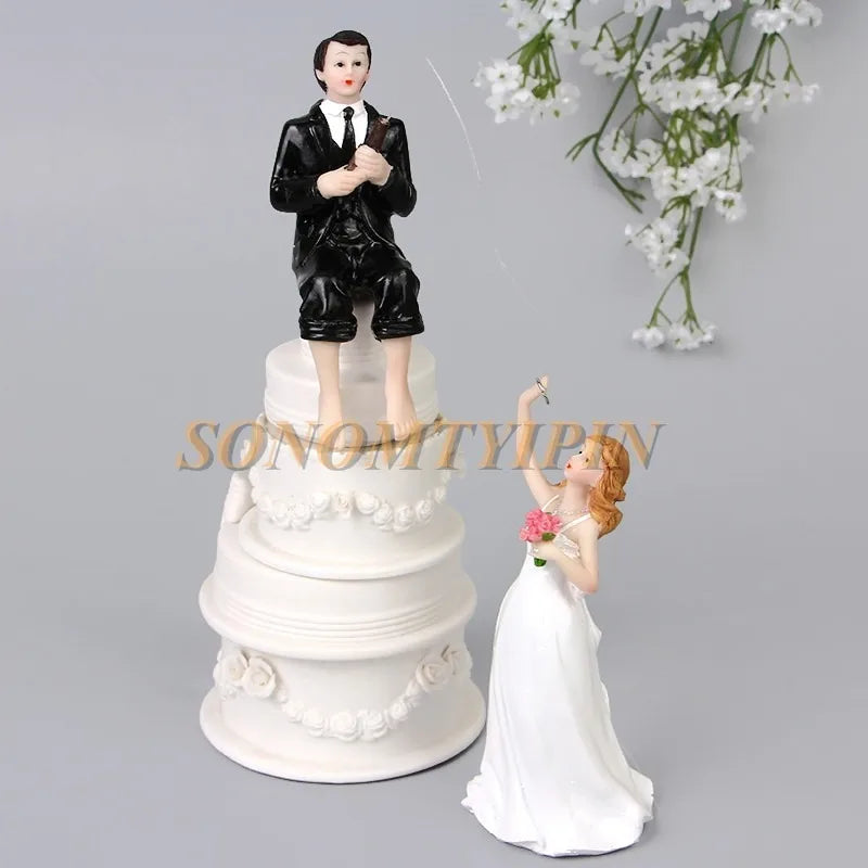 Hooked on Love Fishing Groom Catching Bride Funny Wedding Cake Topper Decor