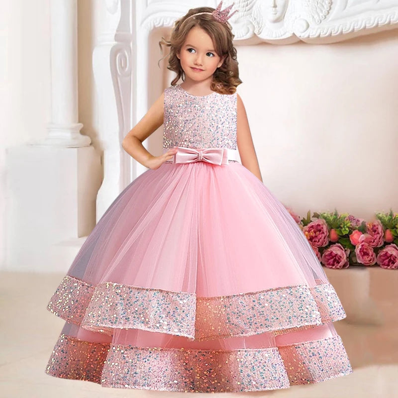 Children's Sequins Bowknot Princess Dress Girls' Fashion Pearl Cake Long Dress Christmas Banquet Host Show Dress
