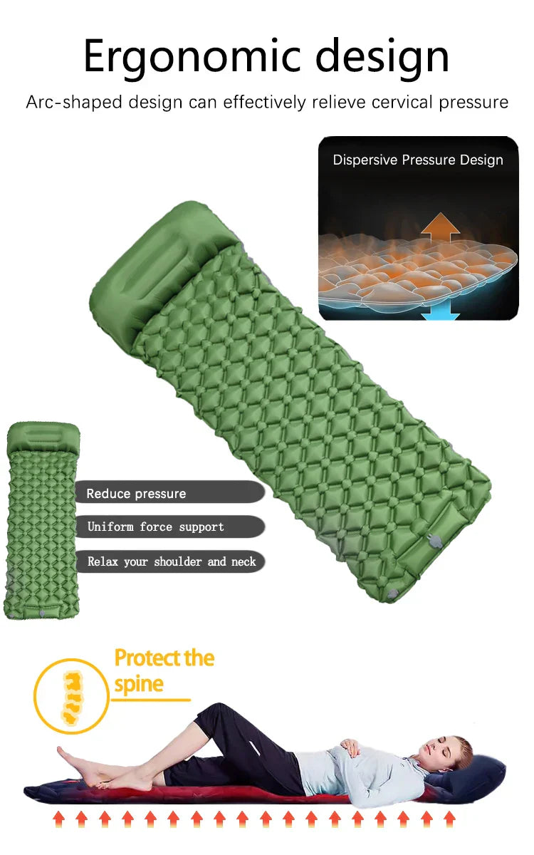 Inflatable Camping Mattress with Pillow  Built-In Pump Air Green-4