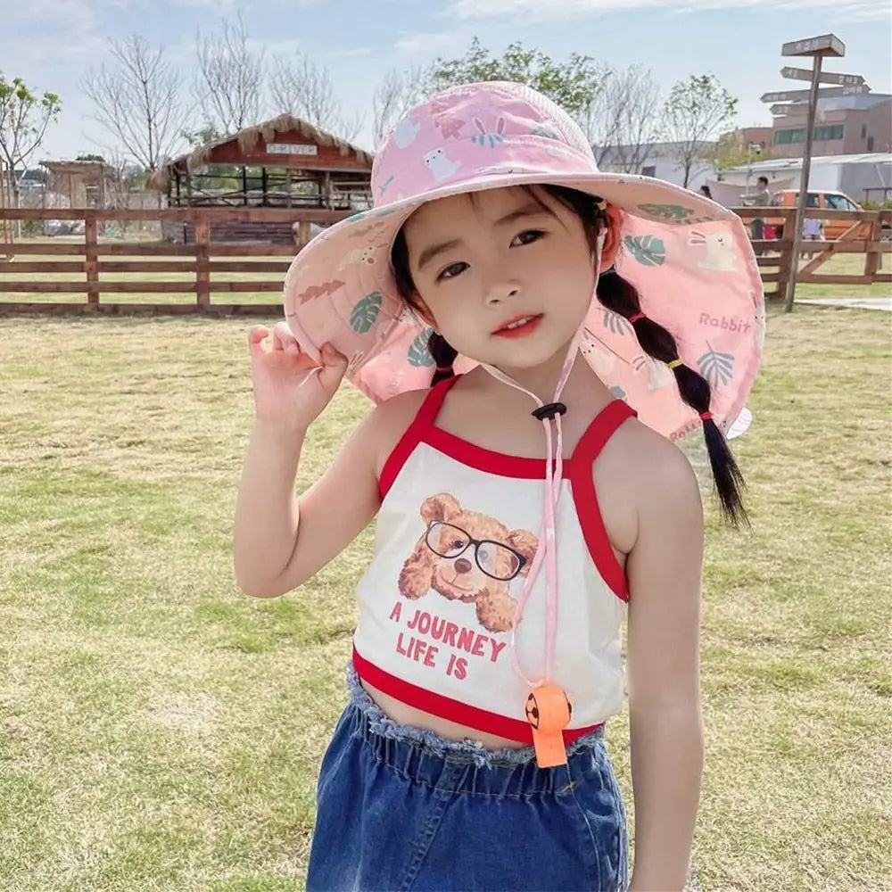 Anti UV Kids Summer Baby Sun Hat Bucket Cap With Whistle For Girls Boys Outdoor Neck Ear Cover Beach Cap
