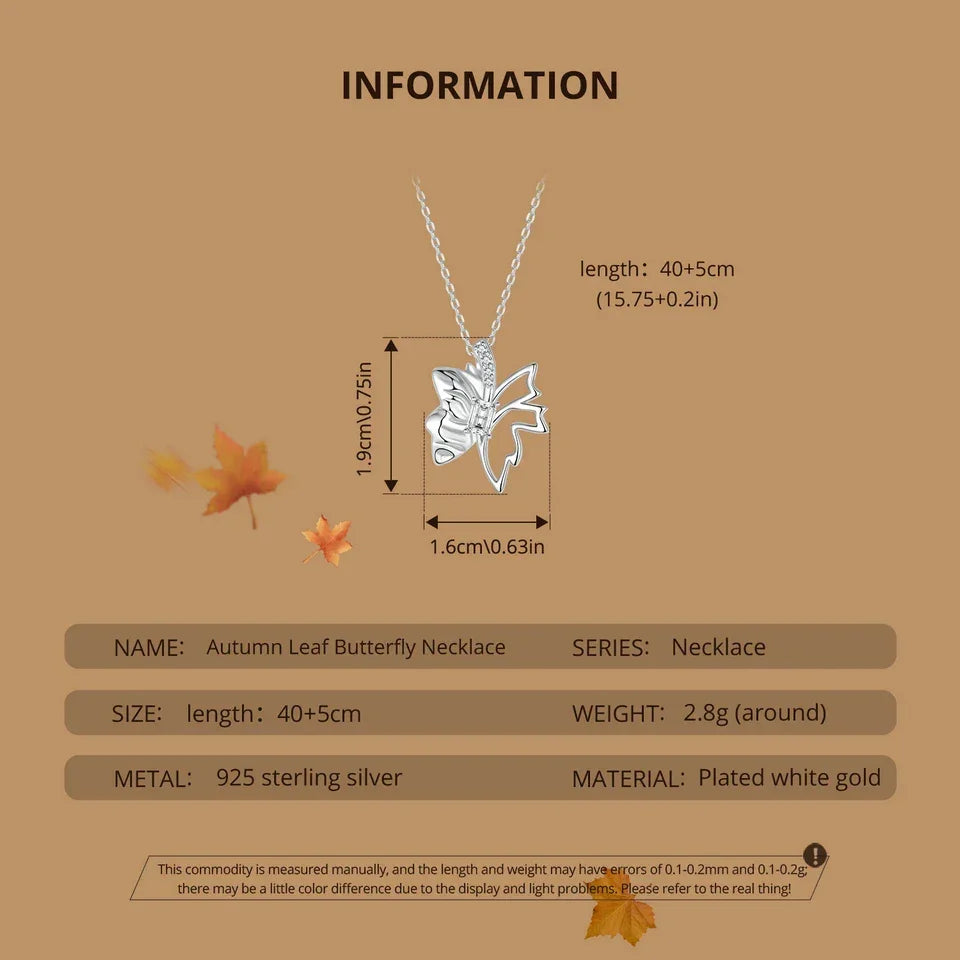 Autumn Elegance: White Gold Plated Sterling Silver Leaf Butterfly Necklace