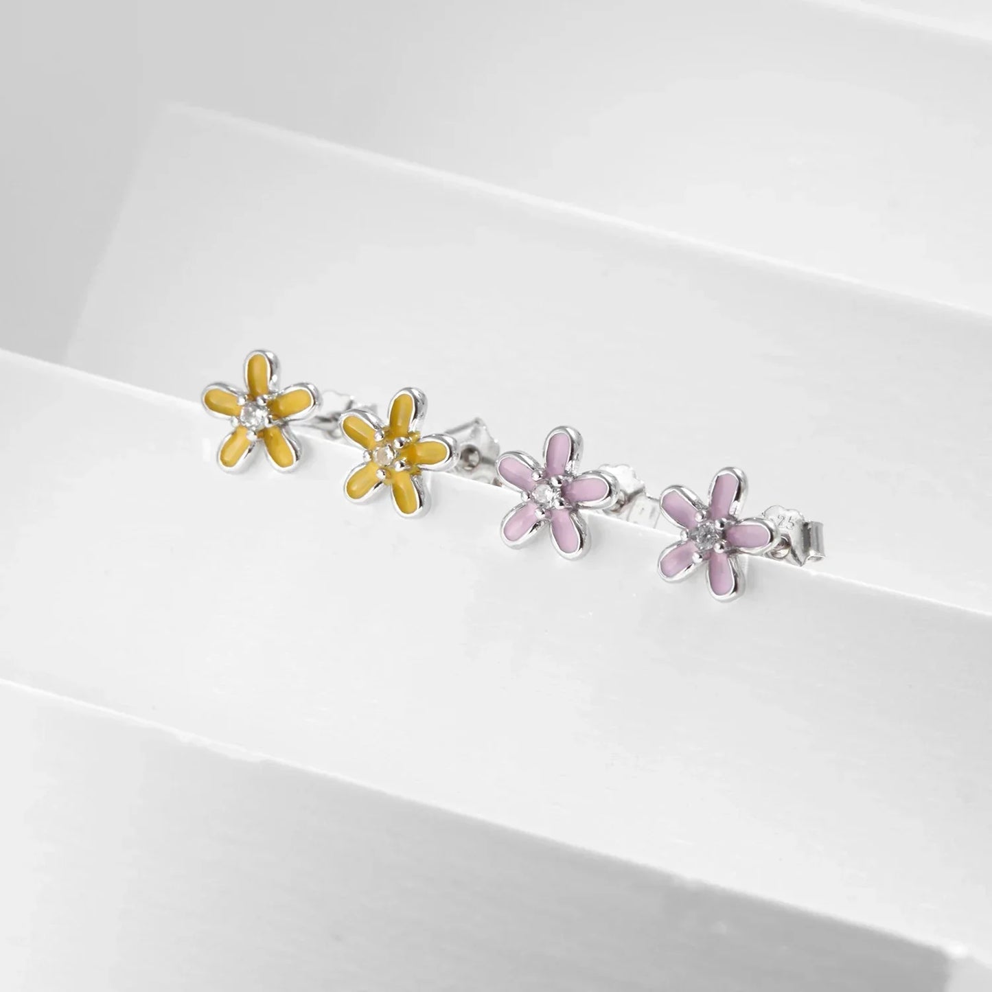 925 Sterling Silver Colorful Enamel Flower Stud Earrings - Minimalist & Cute