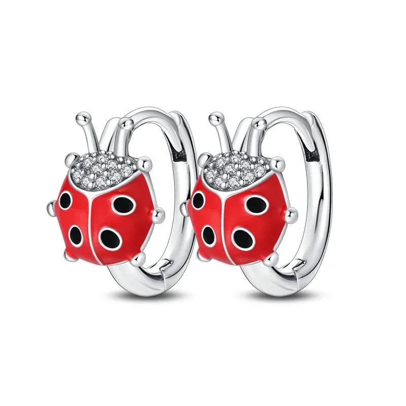 Ladybug Sterling Silver Hoop Earrings With Cubic Zirconia