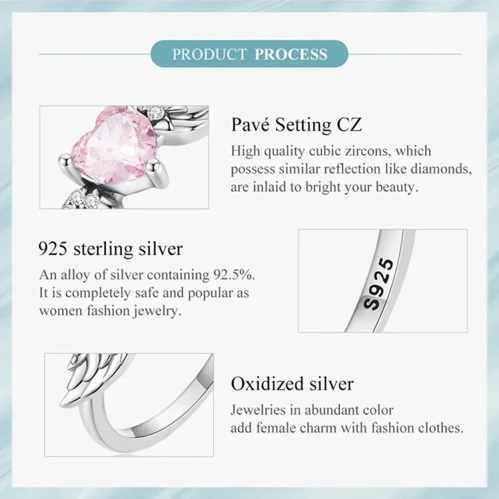 925 Sterling Silver Pink Heart Zircon Ring for Women - Love & Wing Ring