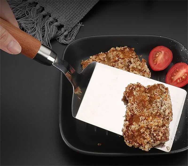 Stainless Steel Square Head Steak Cooking Spatula Pizza Shovel Pancake Beef Turner Scraper Wood Handle BBQ Utensils for Kitchen