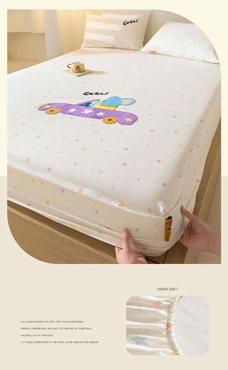 100% Cotton Cartoon Towel Embroidered Fitted Sheet A-Class Single Bed Cover for All Seasons Anti-Slip Mattress Protective Cover