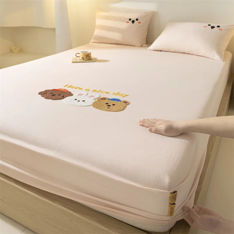 100% Cotton Cartoon Towel Embroidered Fitted Sheet A-Class Single Bed Cover for All Seasons Anti-Slip Mattress Protective Cover