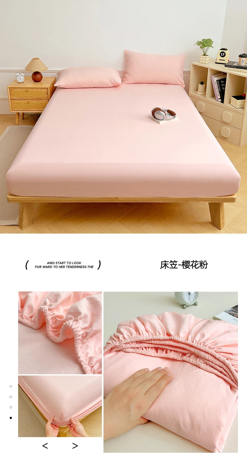 Washed Cotton Solid Color Fitted Sheet with Elastic Bands Non Slip Adjustable Mattress Cover Printed for Double King Queen