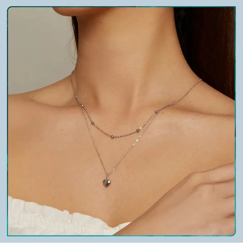 925 Sterling Silver Heart Pendant Necklace - Elegant Double Layer Choker For Women - Bsn168