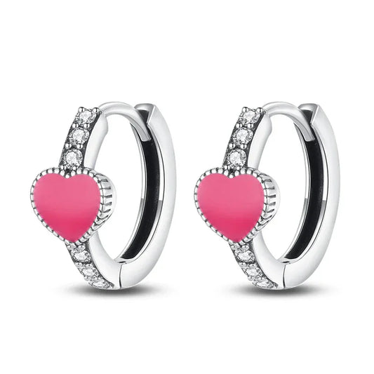 Romantic Pink Heart Sterling Silver Huggie Hoop Earrings With Cubic Zirconia