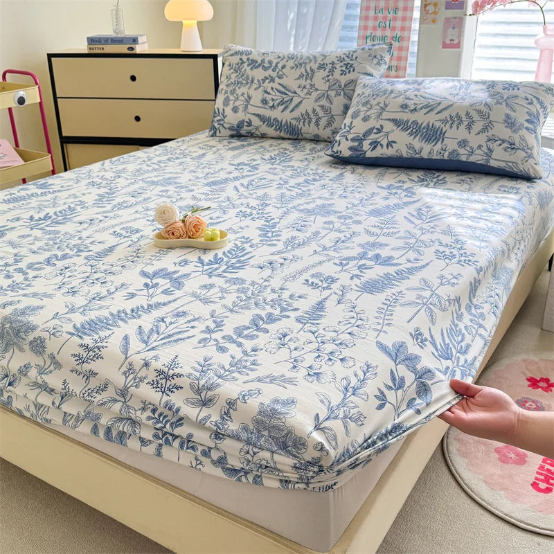 1pc Floral Fitted Bed Sheet Flower Printed Washed Cotton Bed Sheet with Elastic Single/Queen/King Size Bed Fitted Sheets
