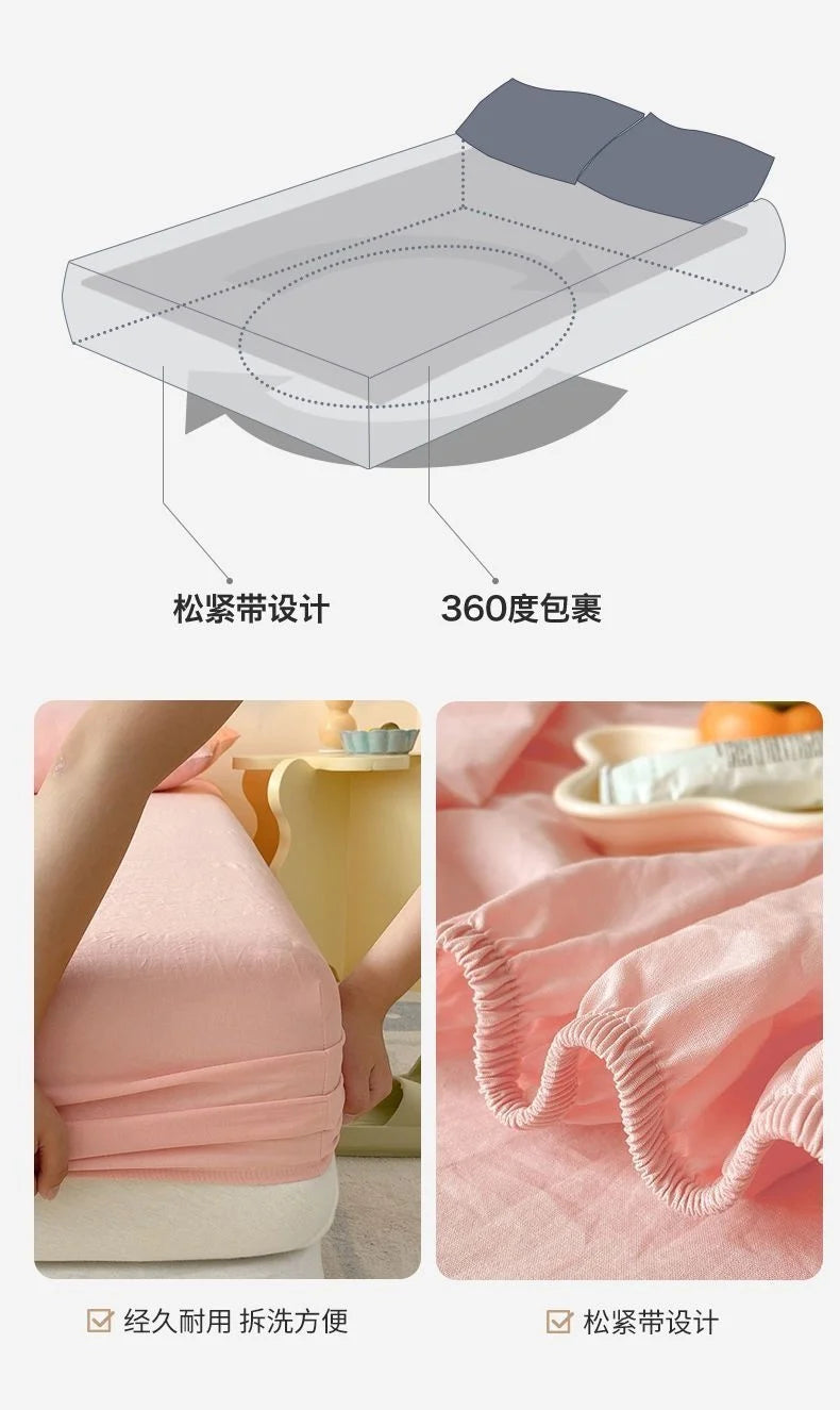 Washed Cotton Fitted Sheet Non Slip Fitted Sheet Elastic Band Around Mattress Cover Bed Cover And Pillowcase