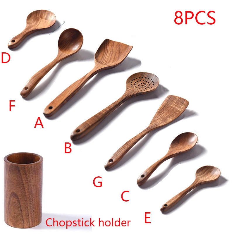 YWDL Natural Teak Cooking Spoon Scoop Kitchen Wooden Spatula Non-stick Utensils Set For Cooking With Hanging Hooks Cookware Tool