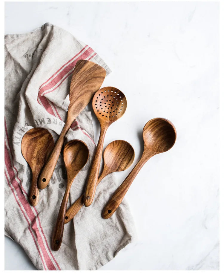 YWDL Natural Teak Cooking Spoon Scoop Kitchen Wooden Spatula Non-stick Utensils Set For Cooking With Hanging Hooks Cookware Tool