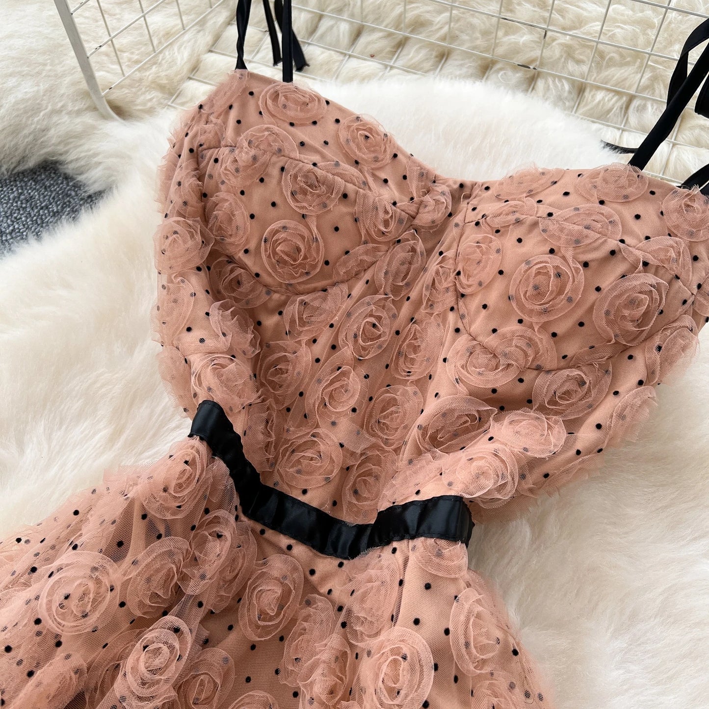 SINGREINY 3D Roses Mesh Straps Dress Polka Dots Backless Zipper Irregular Sundress Women French Senior Chic Evening Long Dress