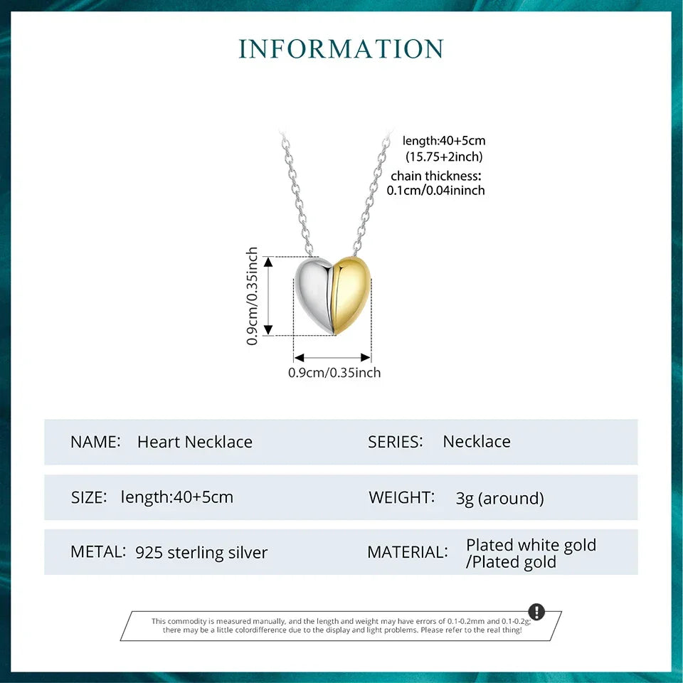 Gold Plated Heart Pendant Necklace For Women - 925 Sterling Silver Couple Heart Jewelry