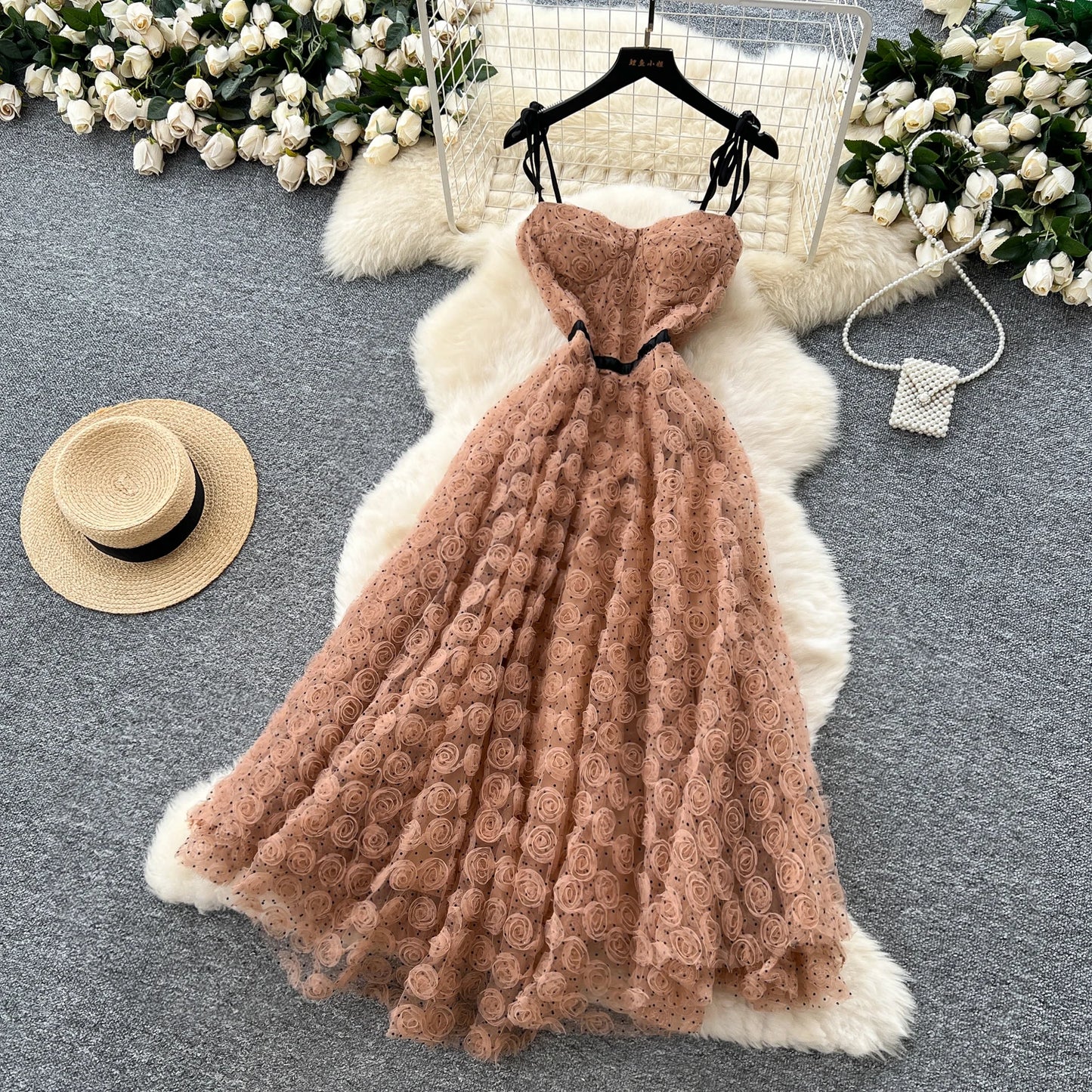 SINGREINY 3D Roses Mesh Straps Dress Polka Dots Backless Zipper Irregular Sundress Women French Senior Chic Evening Long Dress