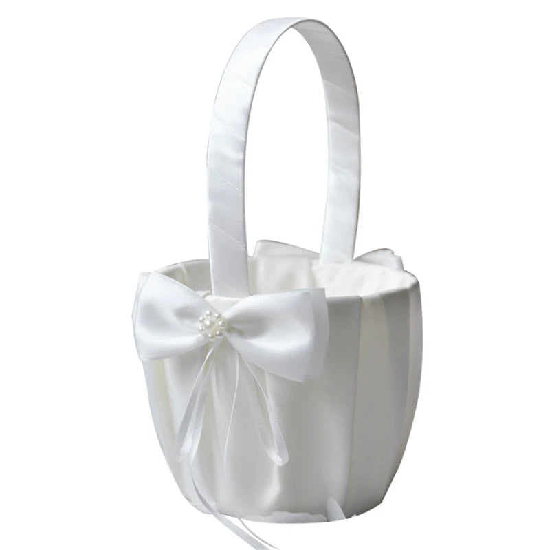 White Flower Girls Basket Pearl Simple Wedding Basket For Flower Bride/Kids Hand Held Wedding Ceremony Party Decorations