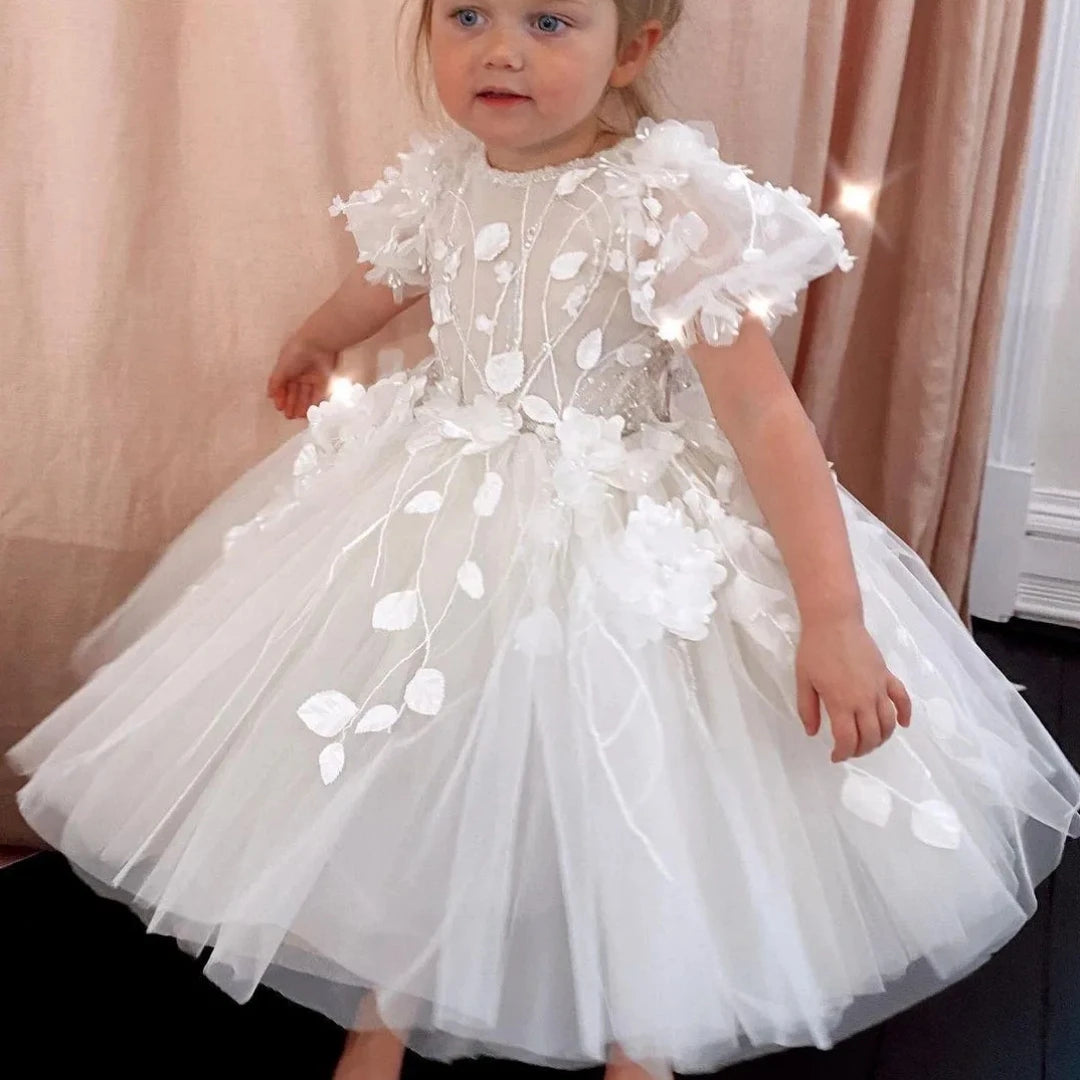 Stylish Flower Girls Dress for Wedding Short Sleeves White Birthday Party Dress Tulle Floral Princess First Communion Ball Gown