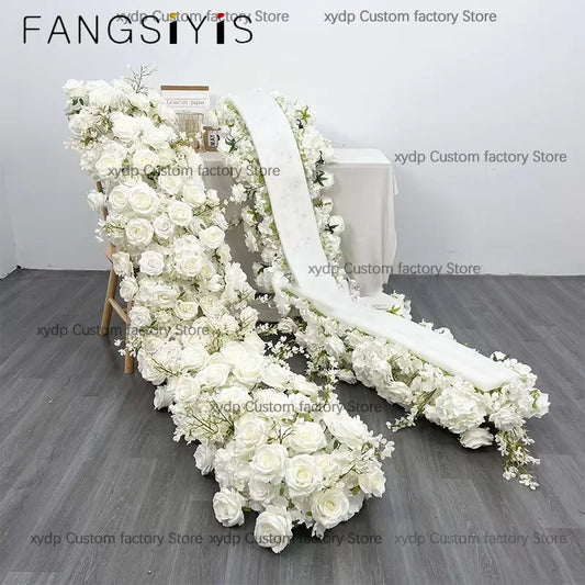 2M Luxurious White Rose Sofa Table Runner Flower Row Wedding Backdrop Decor Floral Arrangement Party table Window Display Props