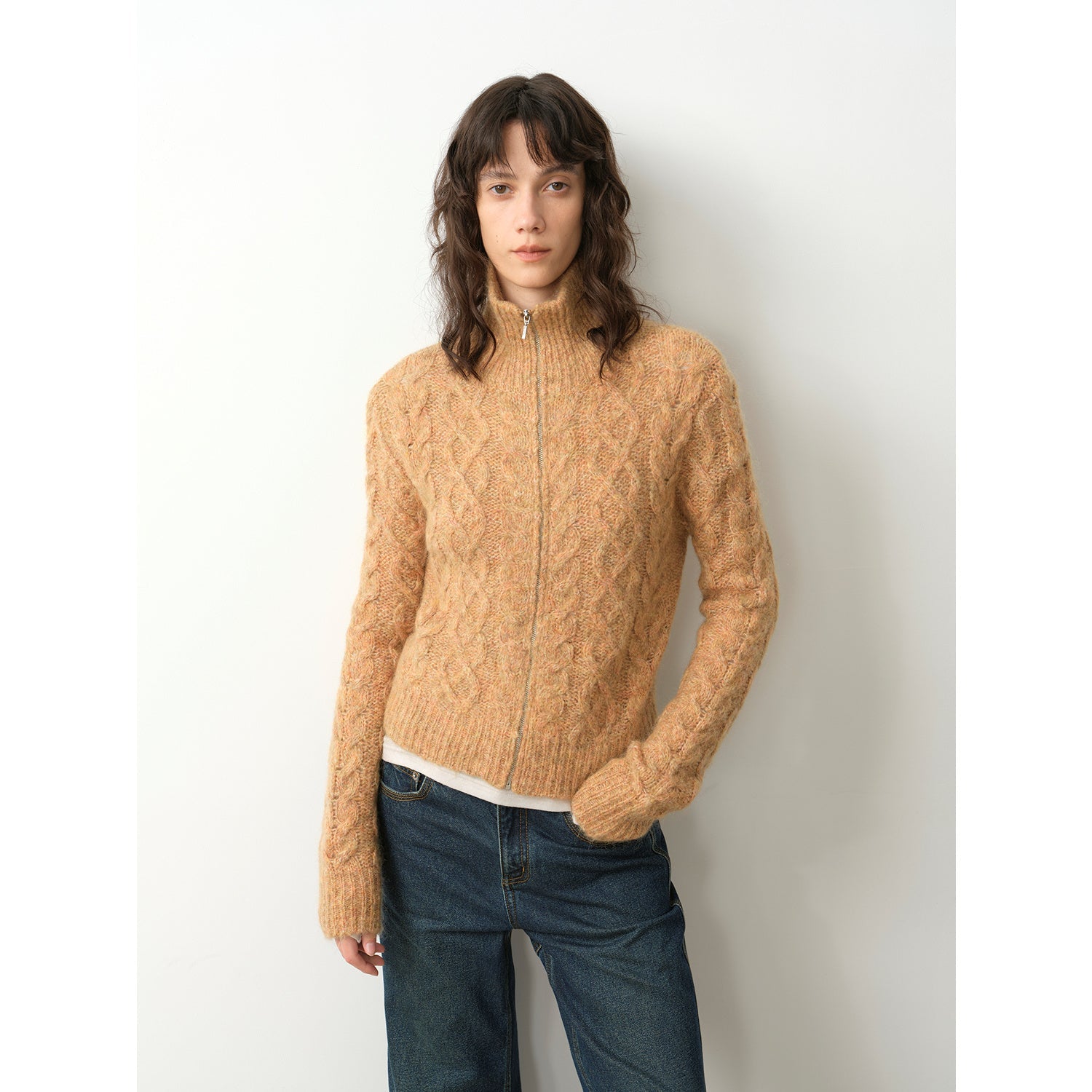 "Romantic Cable" vintage warm flower basic mohair wool cable blend zipper knitted cardigan-5