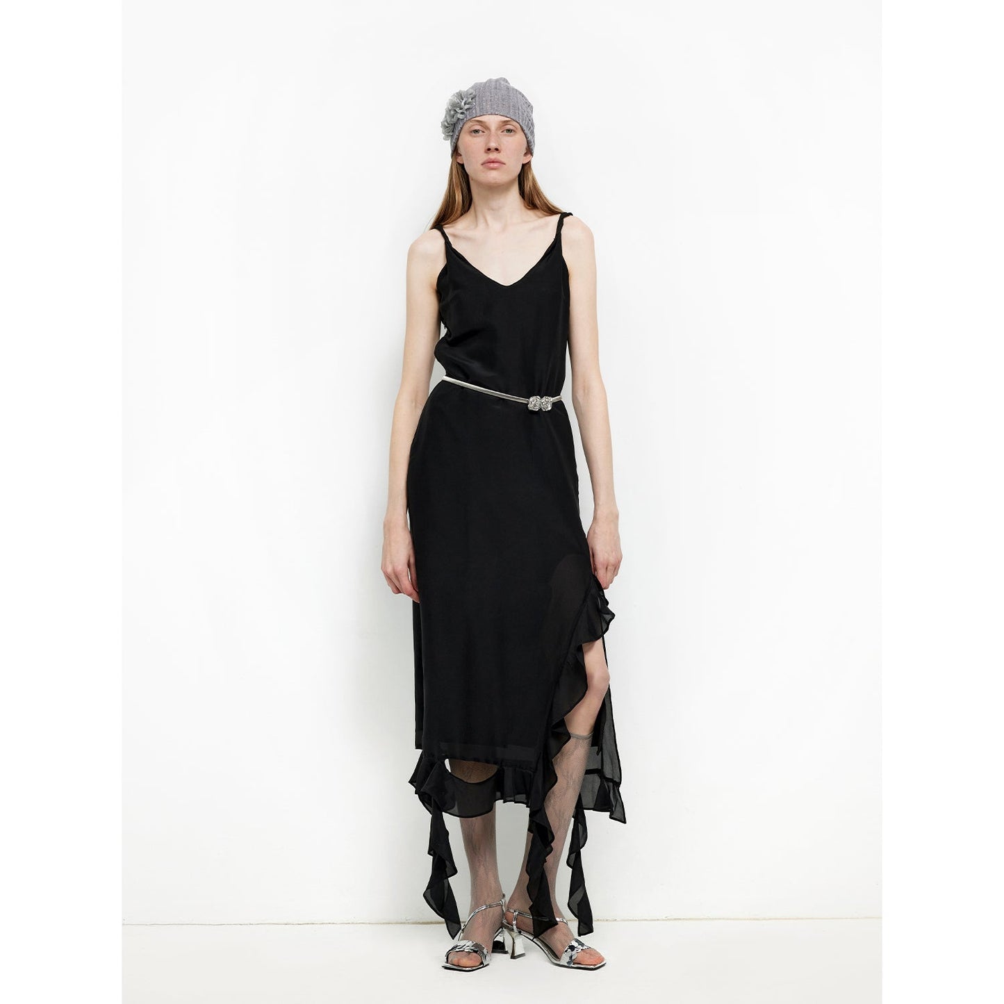 Acetate Mulberry Silk V-Neck Ruffled Draped Twist Strap Summer Dress "Rosy Ombre"-6