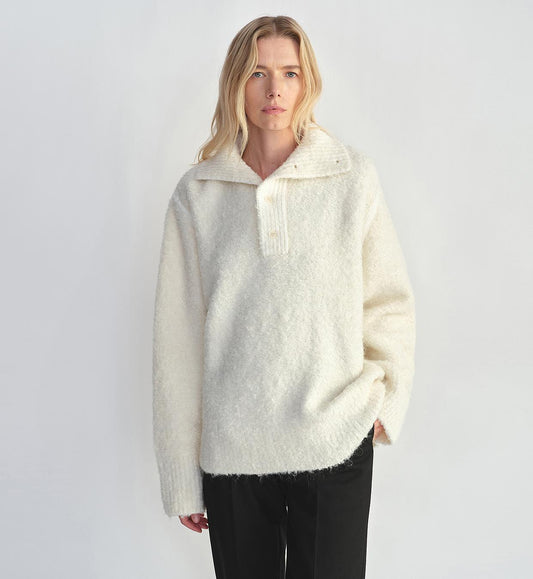 Alpaca wool blended bouclé yarn Spliced POLO shirt Lazy and relaxed sweater-0