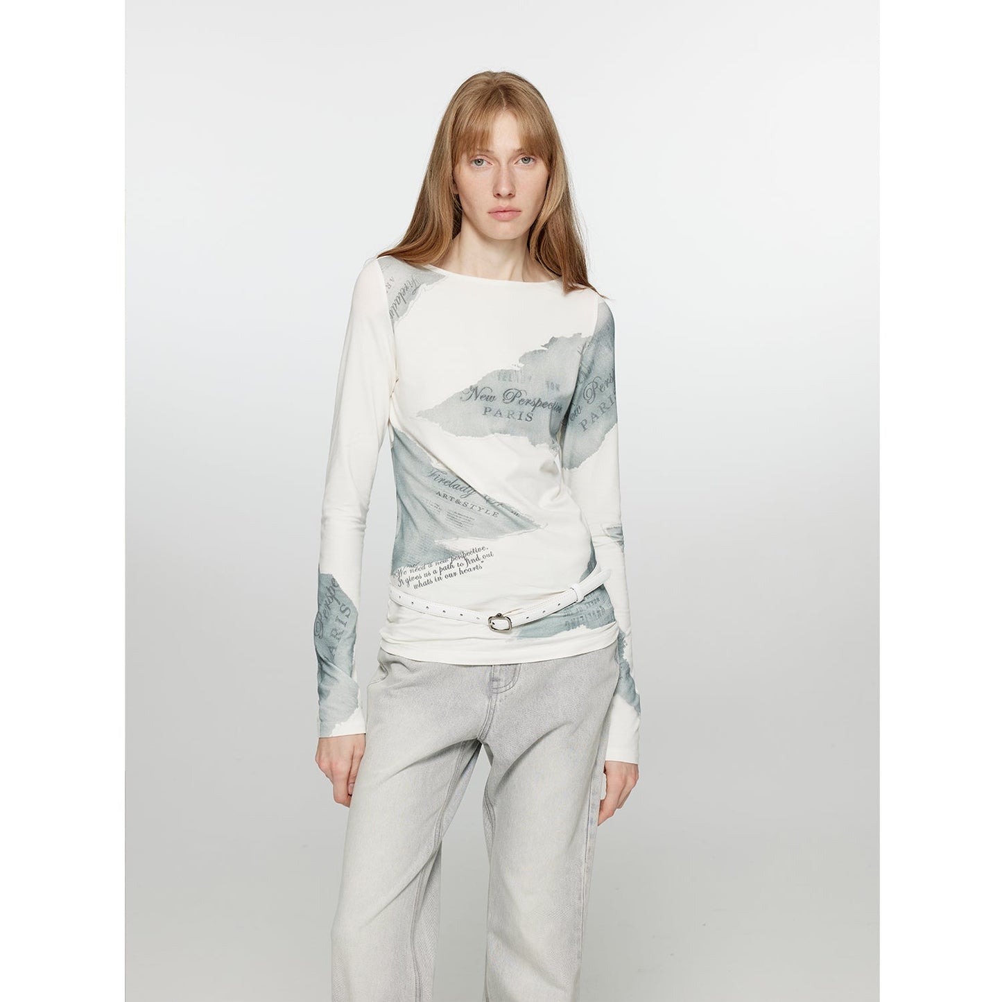 Silk Cotton Blended/Original Printed One-line Collar Long Sleeve T-Shirt Women's Fitted Top "Letter from Morning and Evening" Spring-1
