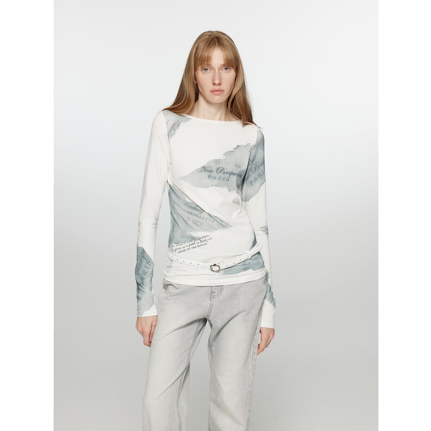 Silk Cotton Blended/Original Printed One-line Collar Long Sleeve T-Shirt Women's Fitted Top "Letter from Morning and Evening" Spring-1