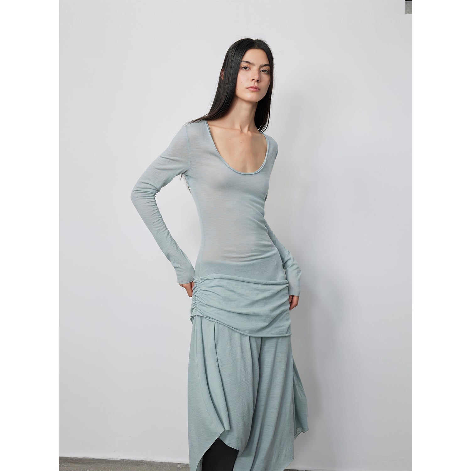 "Dreamy Ball" Lightweight and Breathable 100% Wool / U-neck Irregular Hem Long Dress for Women-4