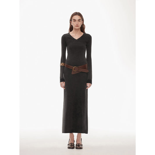 "Kalle Morning" fashionable fermented washed distressed raw edge V-neck waist dress for women-0