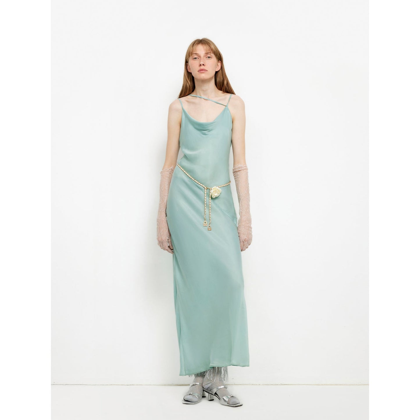 Glossy copper-ammonia silk satin light luxury swing collar slim fishtail suspender dress "Island Riddle"-5