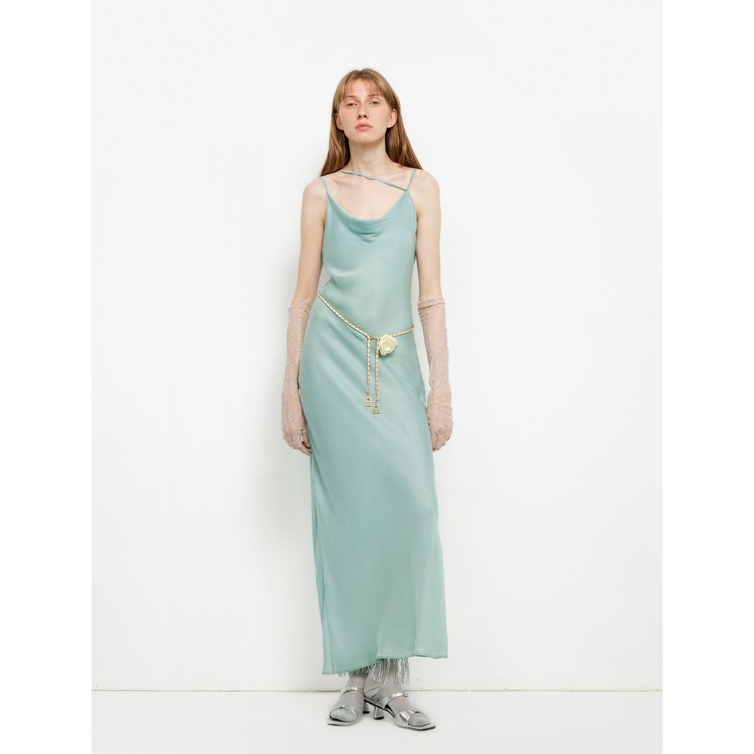 Glossy copper-ammonia silk satin light luxury swing collar slim fishtail suspender dress "Island Riddle"-5