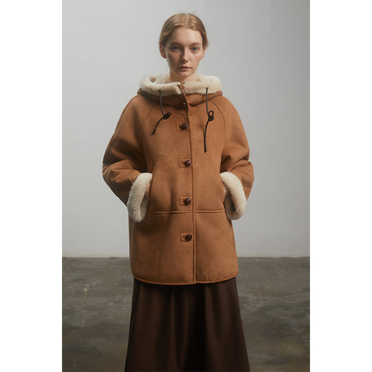 "Danish Winter" Shearling Wool Contrasting Artificial Compositesuede Coat Hooded Short Style-1