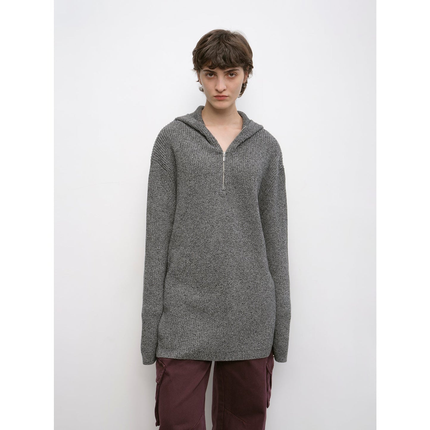 "Autumn Ticket" Simple and versatile Zhongding 30s wool blend hoodie zipper round neck sweater-0