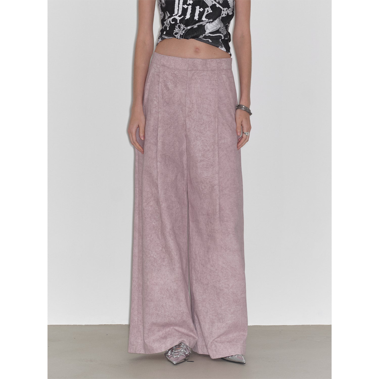 "Light and Shadow Walking" Retro Fashionable Dirty Printed Reverse-Fold Mid-Low-Waist Double-pleat Straight-leg Wide-Leg Casual Pants-4