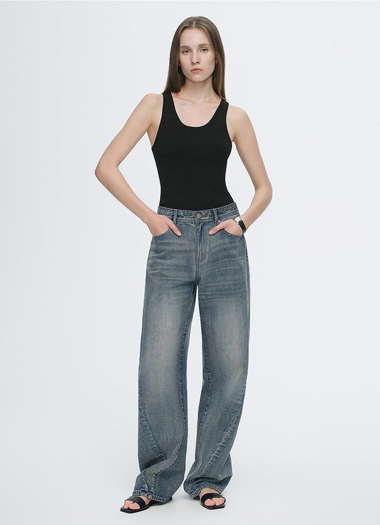 Vintage heavy cotton polyester blended washed comfortable slim front curved jeans-0