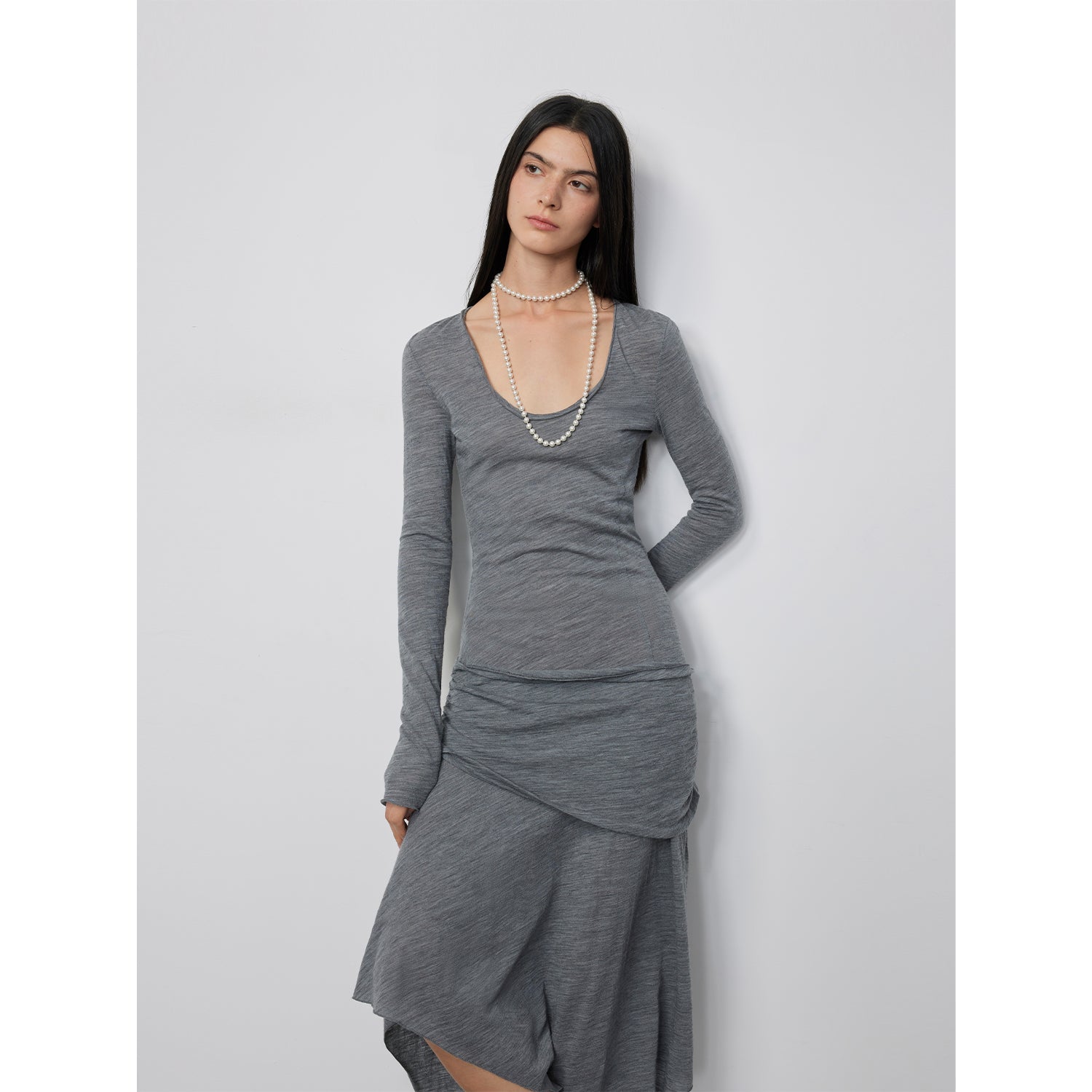 "Dreamy Ball" Lightweight and Breathable 100% Wool / U-neck Irregular Hem Long Dress for Women-5