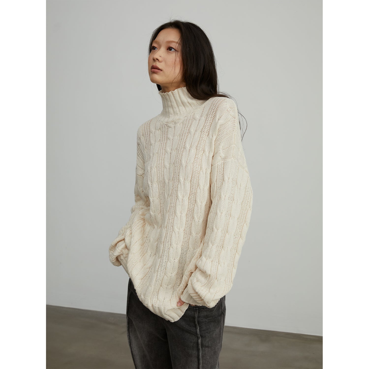 Warm family Jacquard Loose Straight Turtleneck Knit Sweater-1