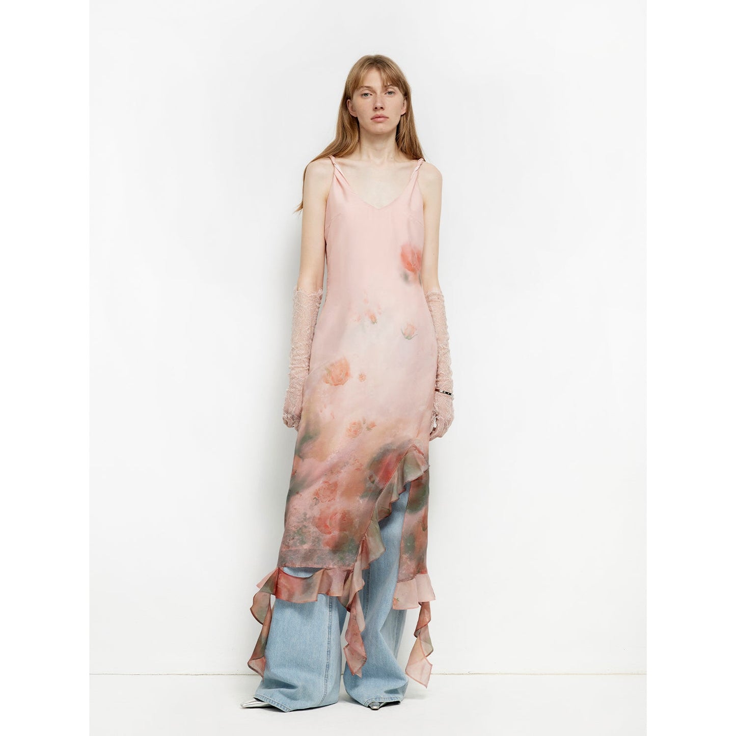 Acetate Mulberry Silk V-Neck Ruffled Draped Twist Strap Summer Dress "Rosy Ombre"-1