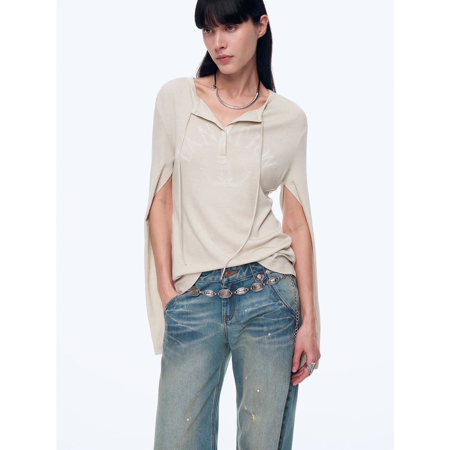 "Minimal Message" ethnic print modal knit henley collar tie long sleeve T-shirt top-5